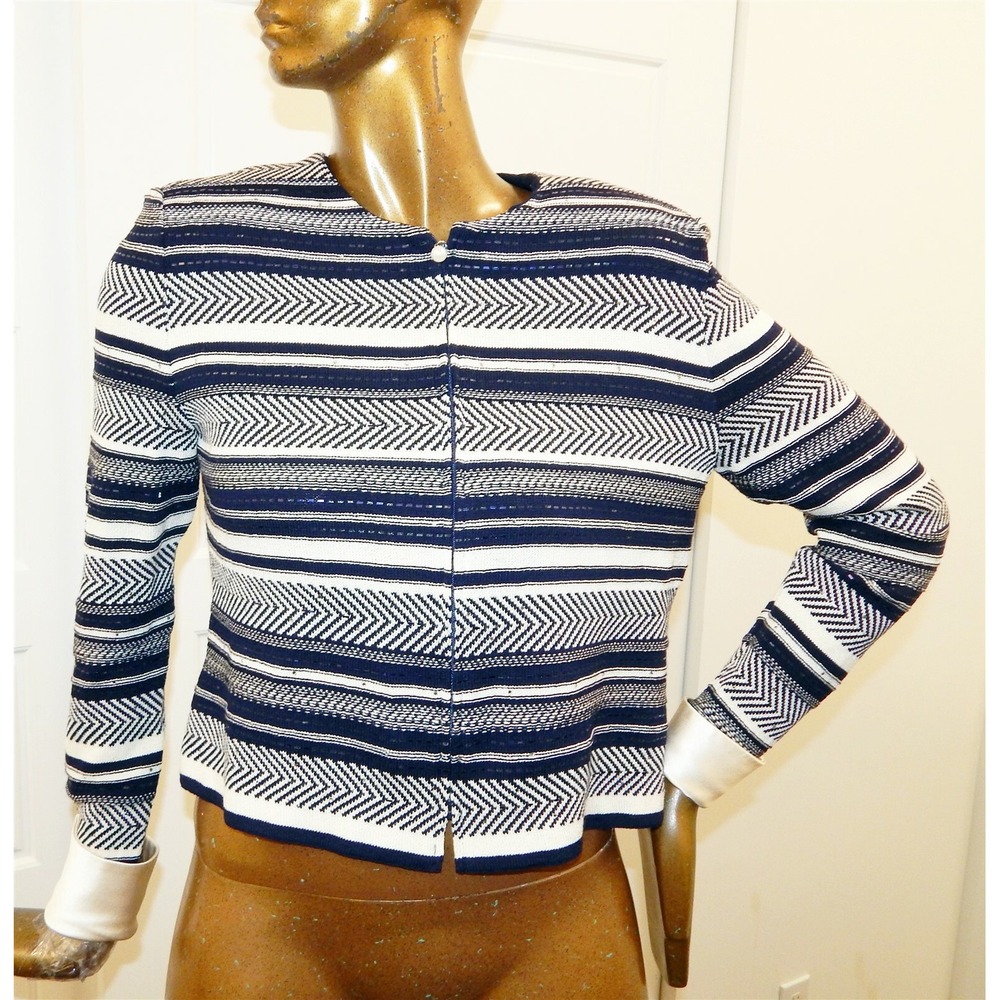 St John Evening sz 8 Navy Blue Ivory Knit Paillette Sequin Full Zip Jacket USA